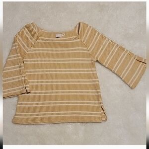 Anthropologie Postcard Yellow and Cream Striped Quarter Sleeve Top